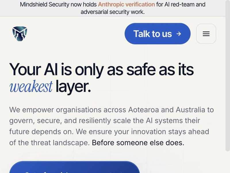 Mindshield Security website homepage, an AI security firm